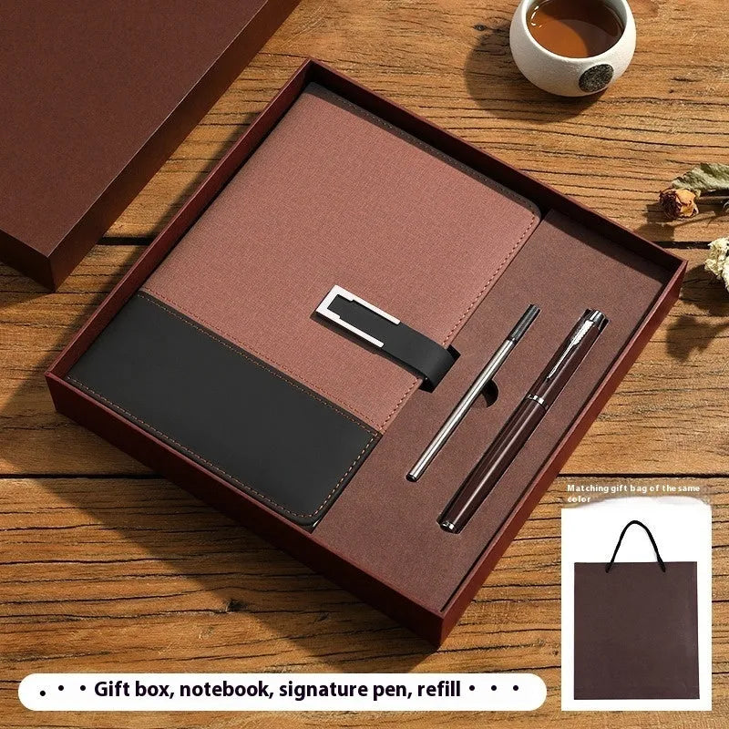 A5 business notebook with PU leather cover in brown, black, green, blue, or red, alongside a luxury gift box.