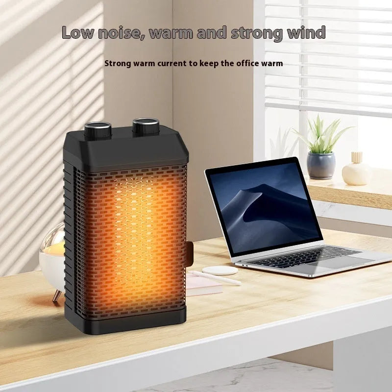 Black remote-controlled desktop heater with oscillating head on a wooden surface.