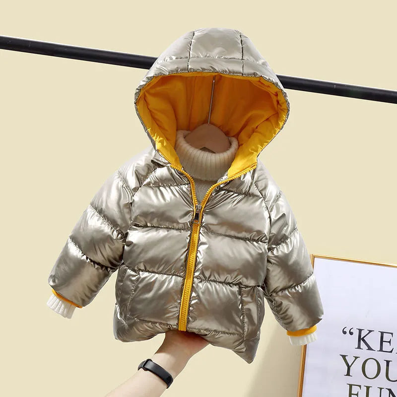Thickened boys winter cotton coat with round neck, plain pattern, in black, for children over 8 years old