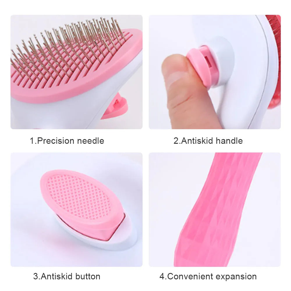 Blue pet self-cleaning comb with thick steel needles on a white background, showing ergonomic TPR handle