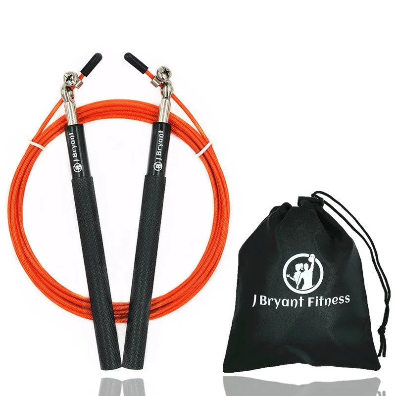 Crossfit speed jump rope with aluminum handle, wire cable, spare cable, and carrying bag in black