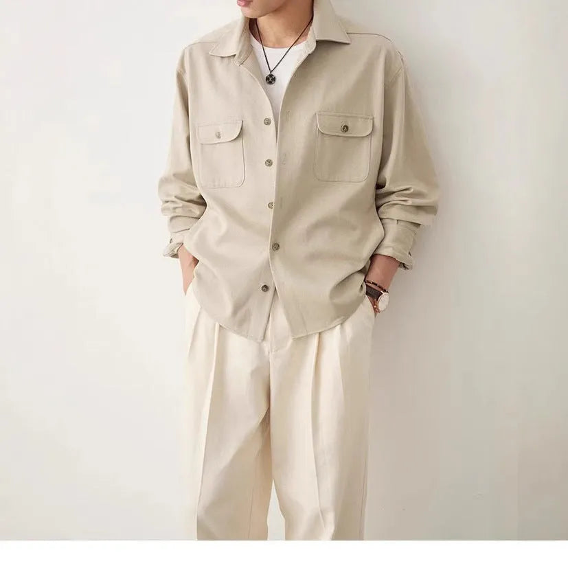 Men's long sleeve shirt with cotton fabric lapel in light sand rice colour
