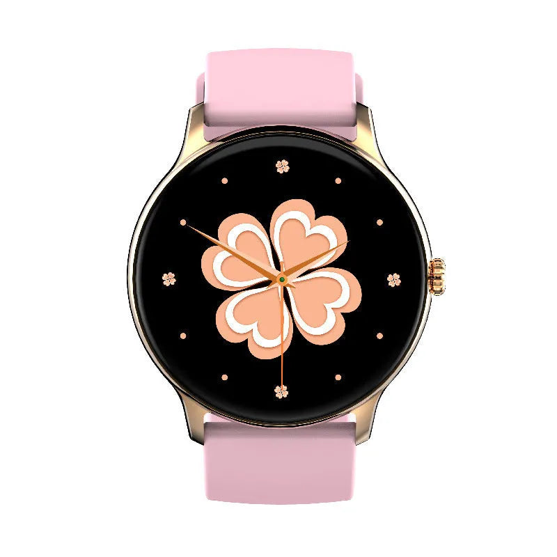 Black smartwatch with 1.28-inch screen showing blood pressure reading on wrist.