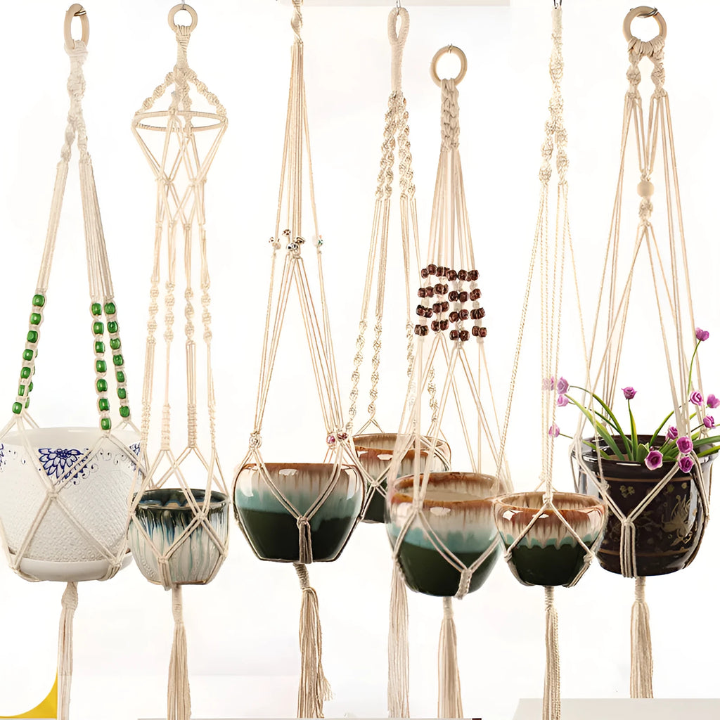 Woven wire basket with cotton rope, styled as a rustic desktop or wall-hanging planter for houseplants.