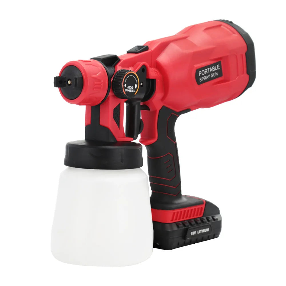 Blue cordless automatic paint spray gun with a large water can, showing its nozzle and battery compartment.
