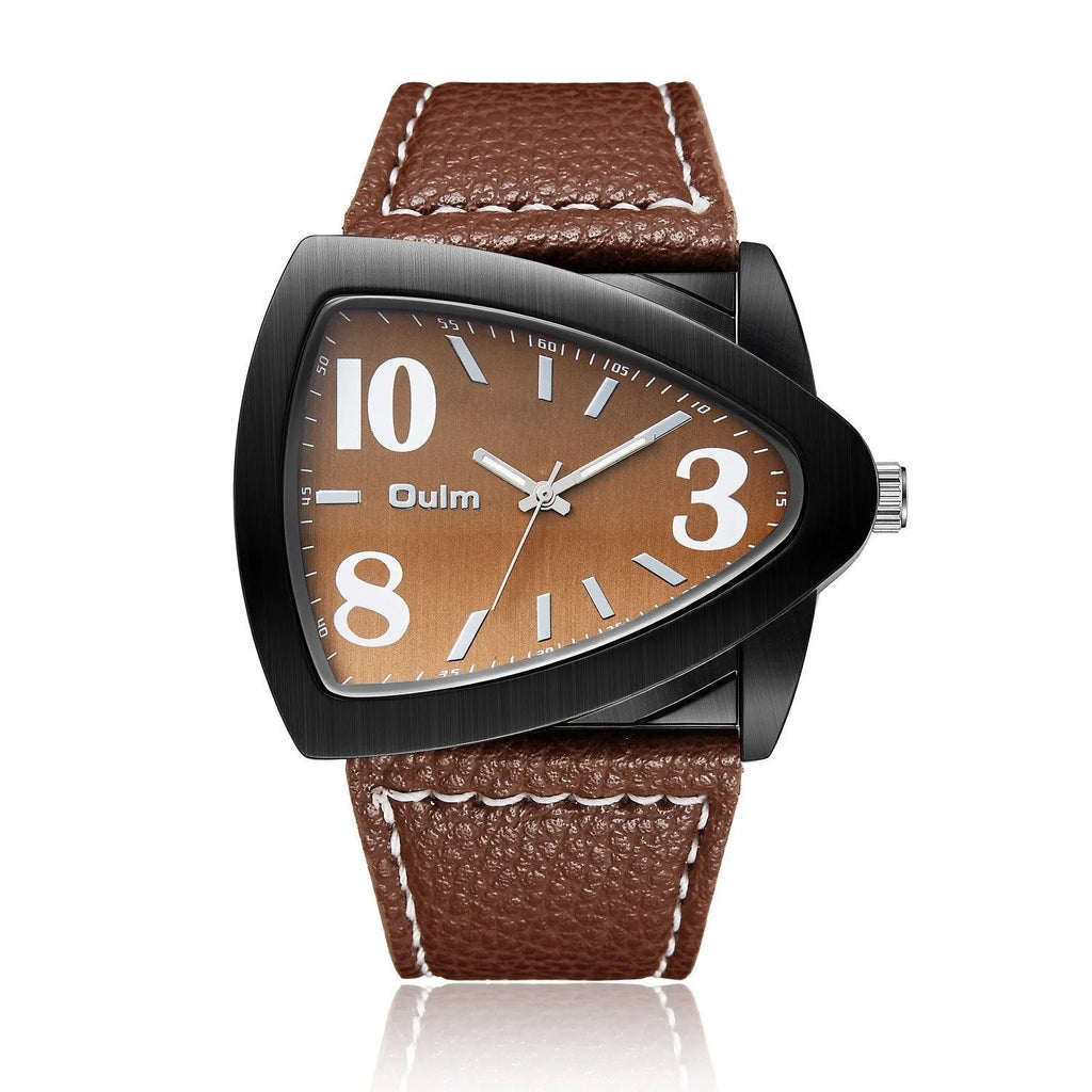 Men's slim casual quartz wristwatch with triangle belt in brown, black, or blue colour.