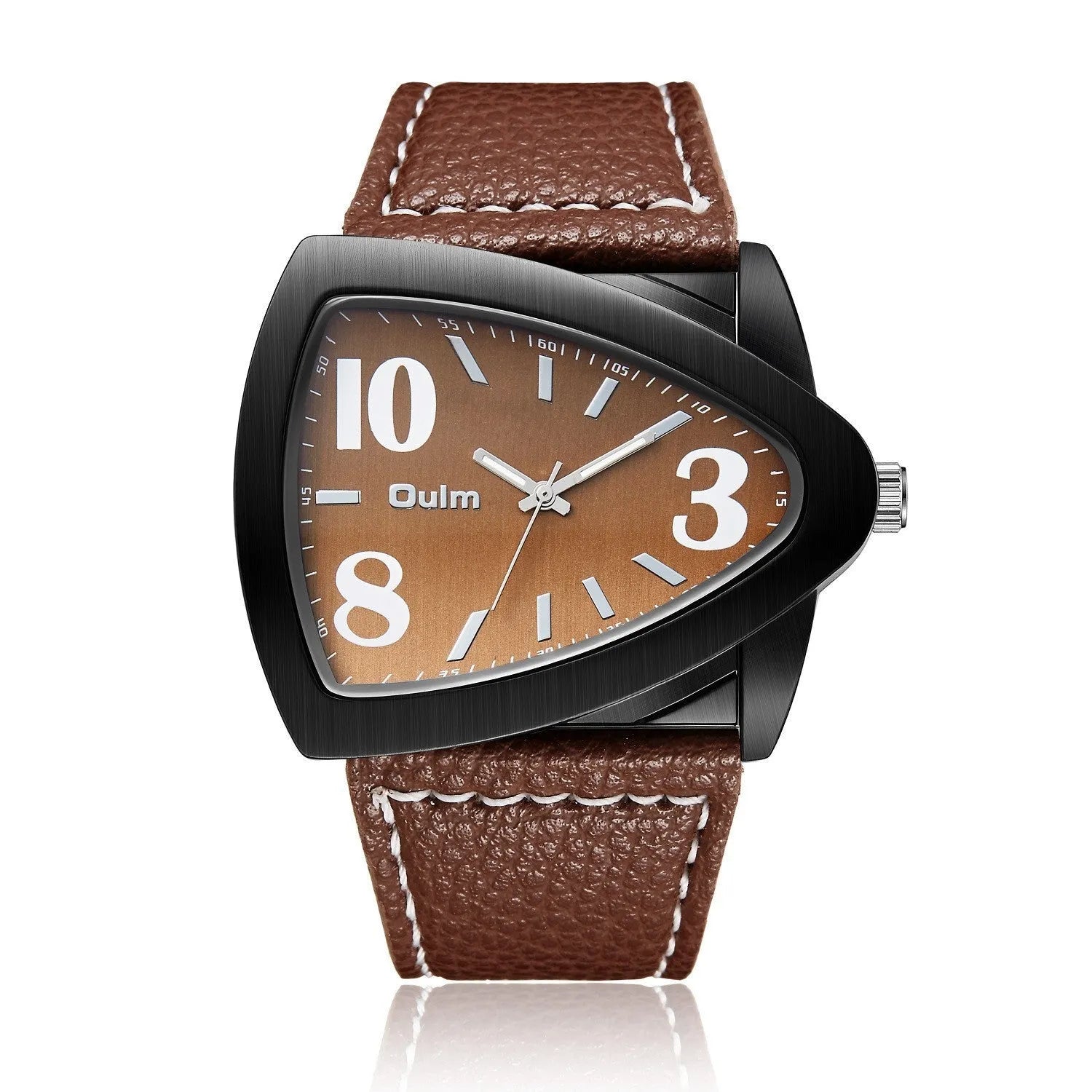 Men's slim casual quartz wristwatch with triangle belt in brown, black, or blue colour.