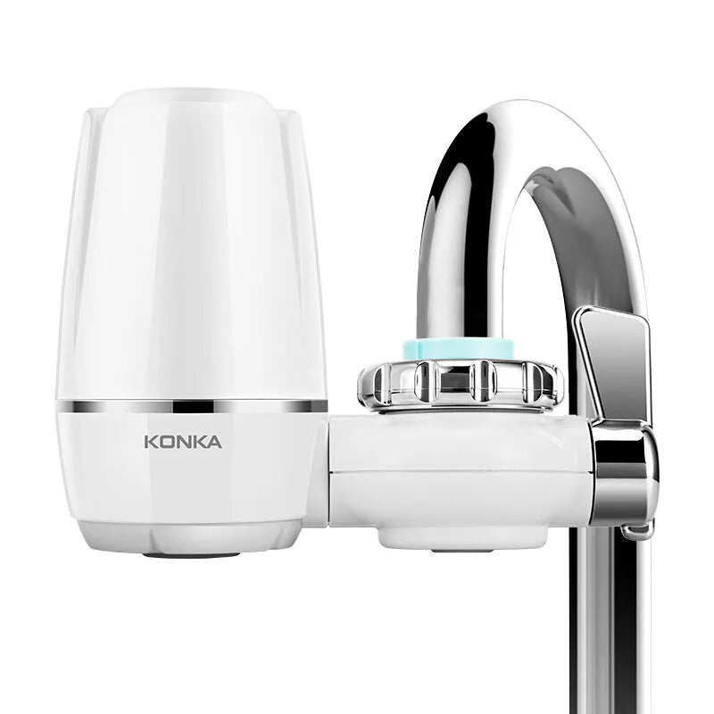 White plastic faucet-mounted water filter with switch control and ceramic cartridge
