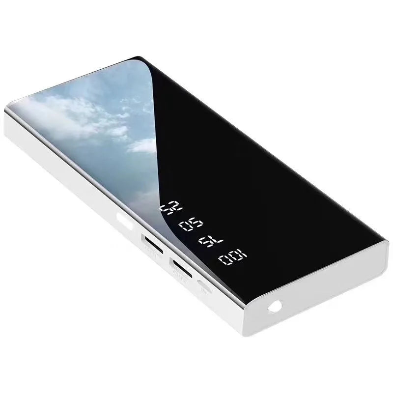 Black 20000mAh power bank with LCD percentage display showing dual USB output ports
