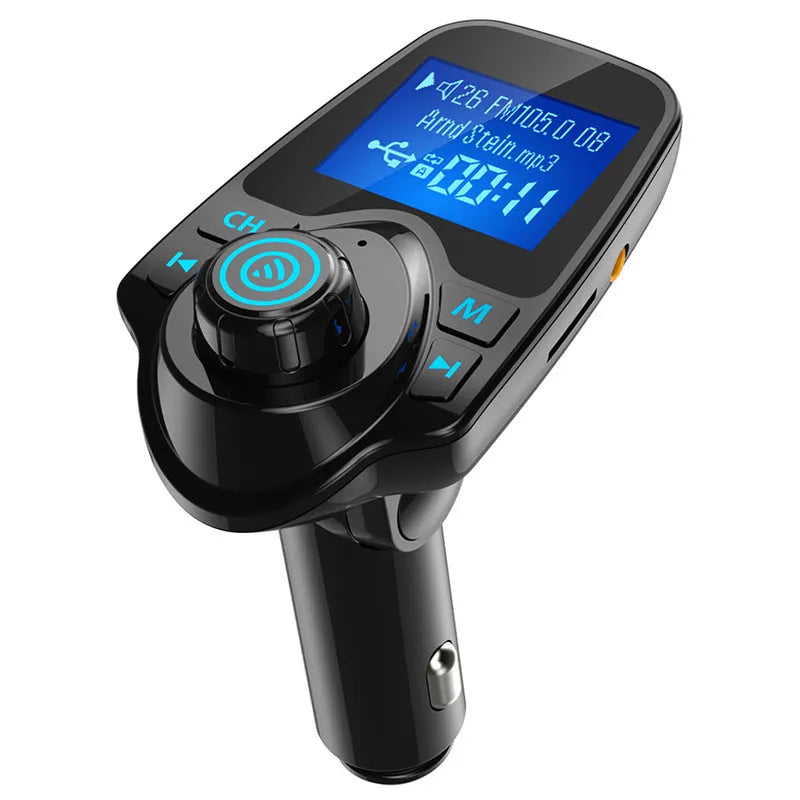 Black car Bluetooth hands-free FM transmitter with USB port and TF card slot for music playback