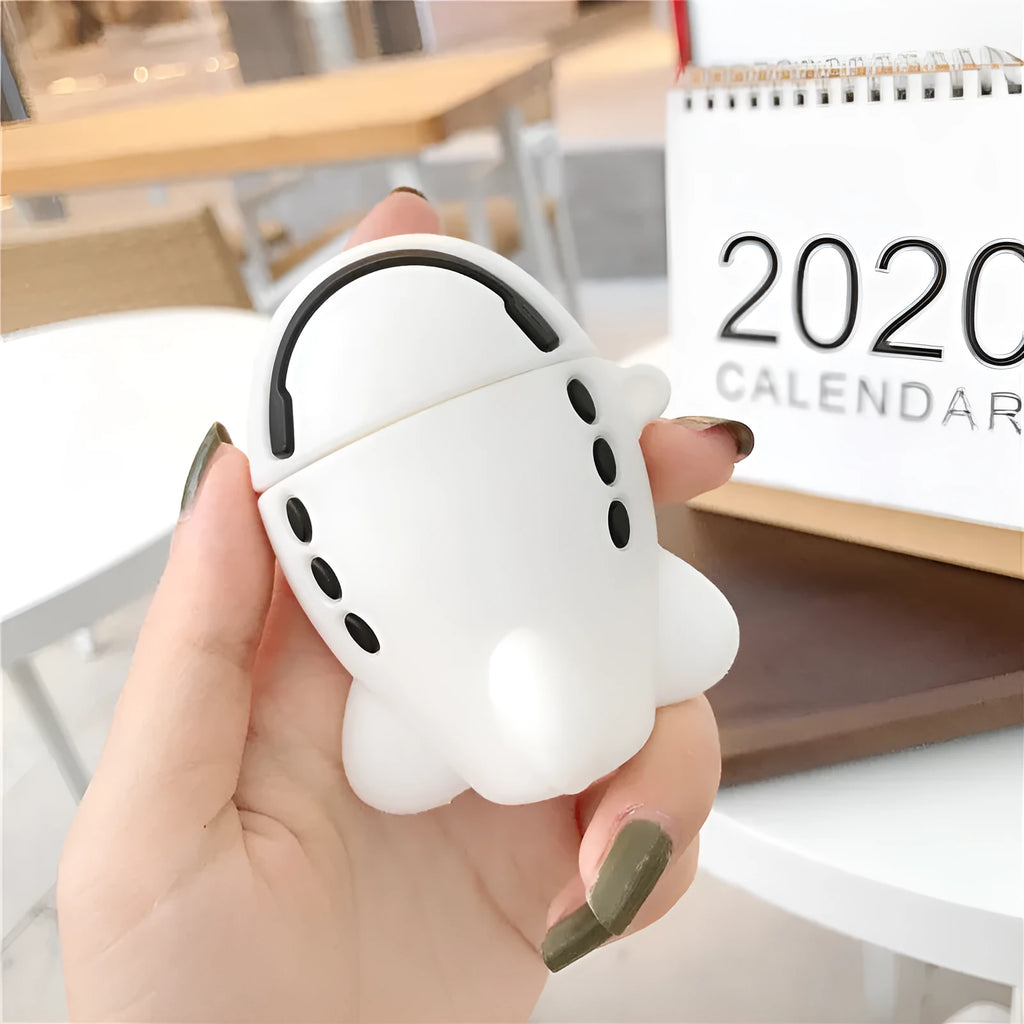 Silicone protective case with hook for AirPods featuring cartoon aeroplane headset design