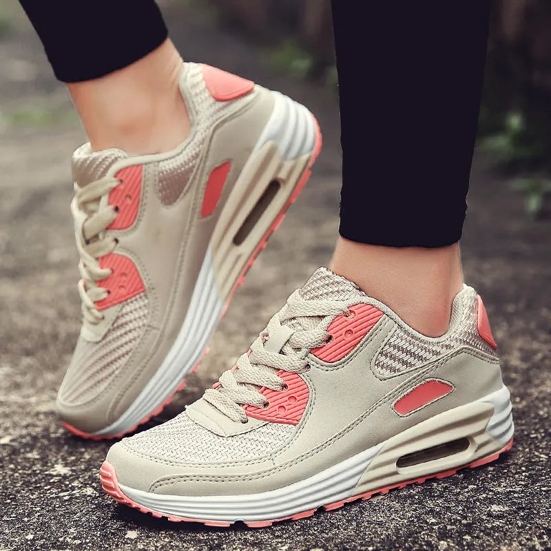 Women's casual shoes with a low heel in beige, grey, and pink colour options showing size chart.
