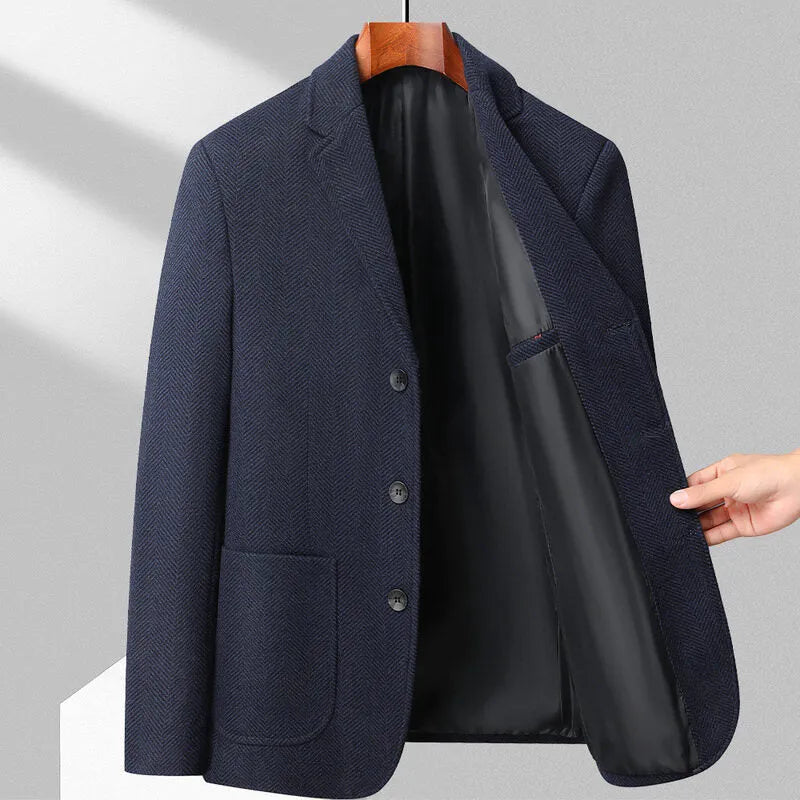 Men's solid colour loose-fit wool coat shown in black, suitable for spring and autumn casual wear