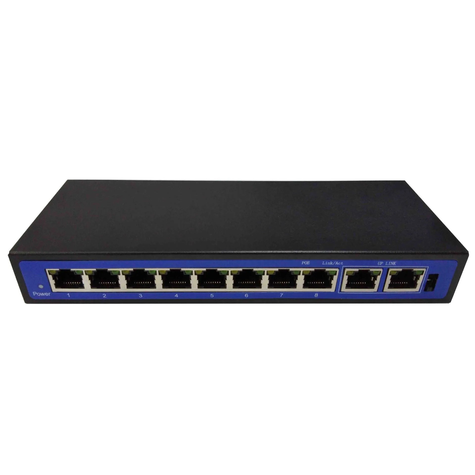 8+2 port 100M POE switch with 48V external power adapter, RJ45 ports, and LED indicators on a dark chassis