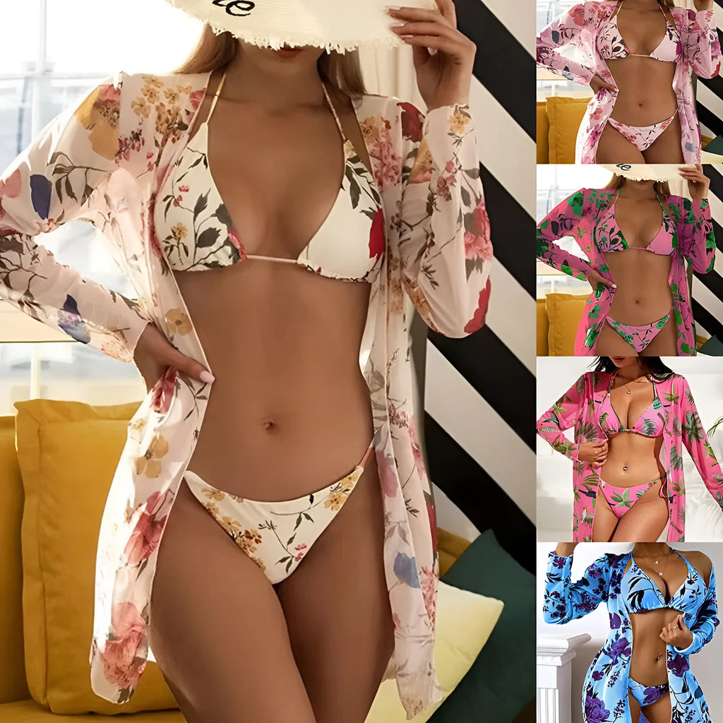Women's floral printed mesh three-piece swimsuit set with bra, swim trunks, and cover-up in multiple colour options