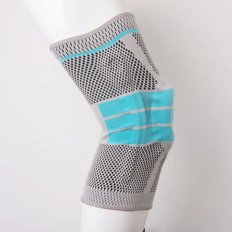 Sky blue elastic fibre knee pads for running and basketball sports.