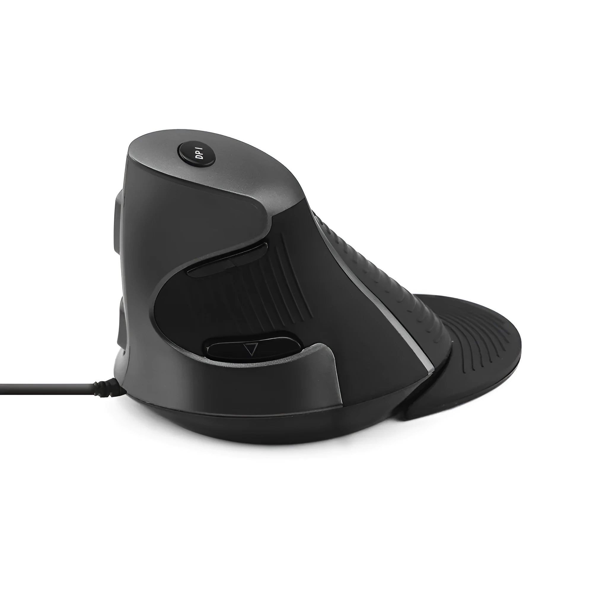 Ergonomic vertical computer mouse in black with wired USB connection showing handshake positioning