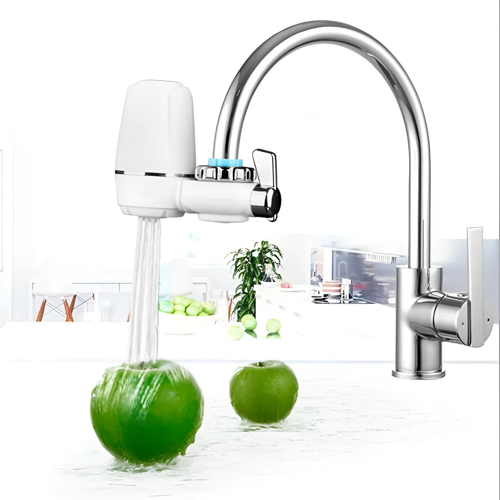 White plastic faucet-mounted water filter with switch control and ceramic cartridge