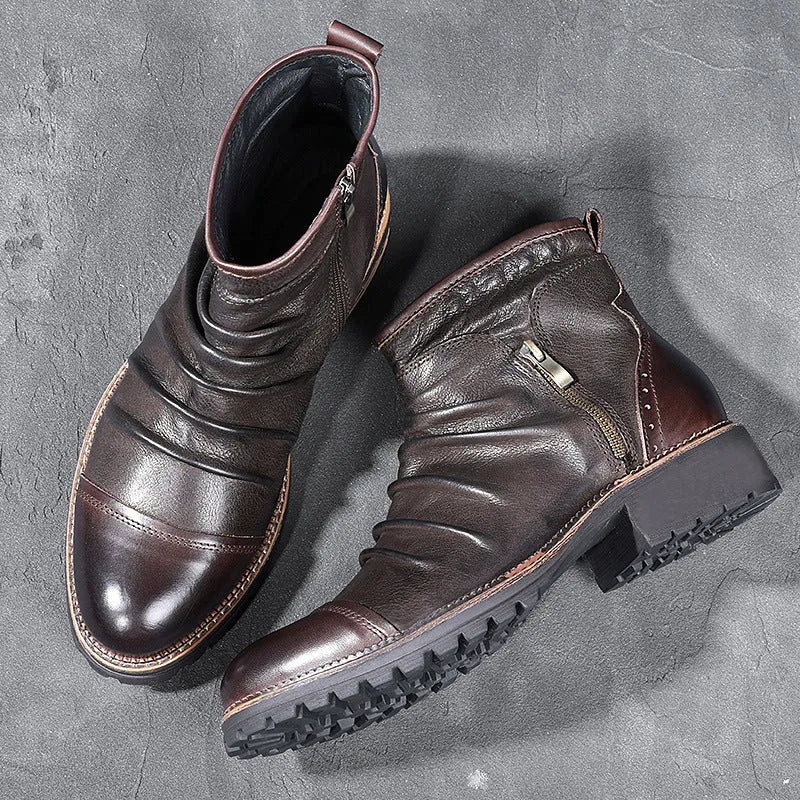 Mid-height black cowboy boots with side zipper, round toe, and horseshoe rubber heel