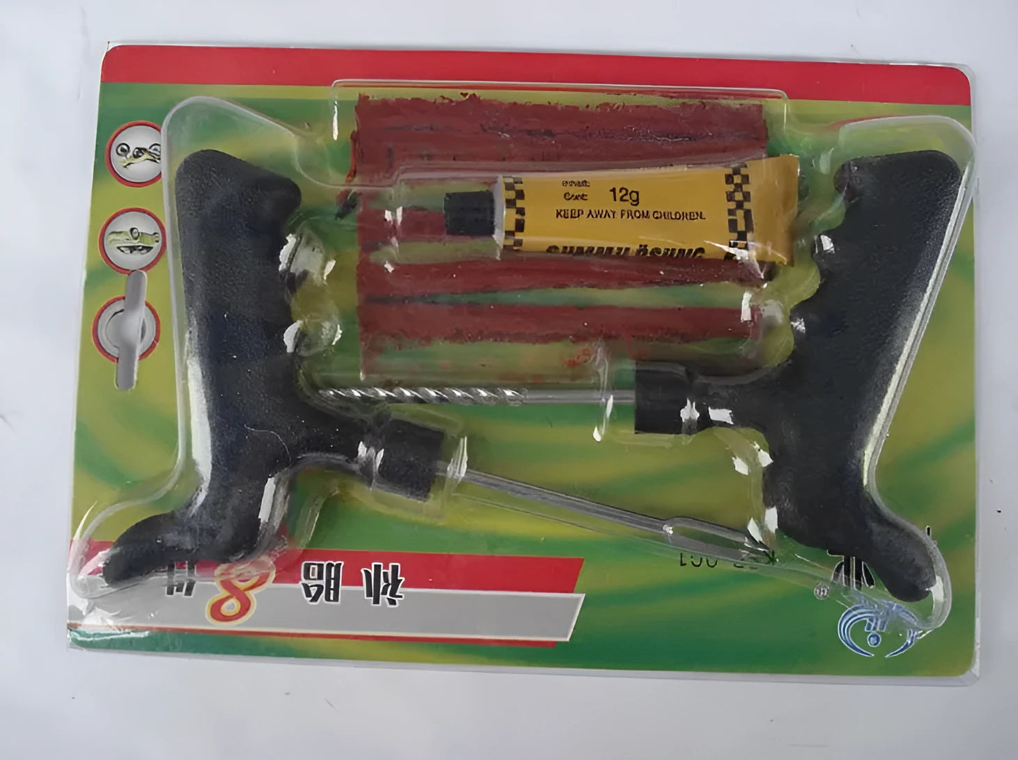 8 piece vacuum tyre repair tool kit with black tools, rubber strips and adhesive bottle
