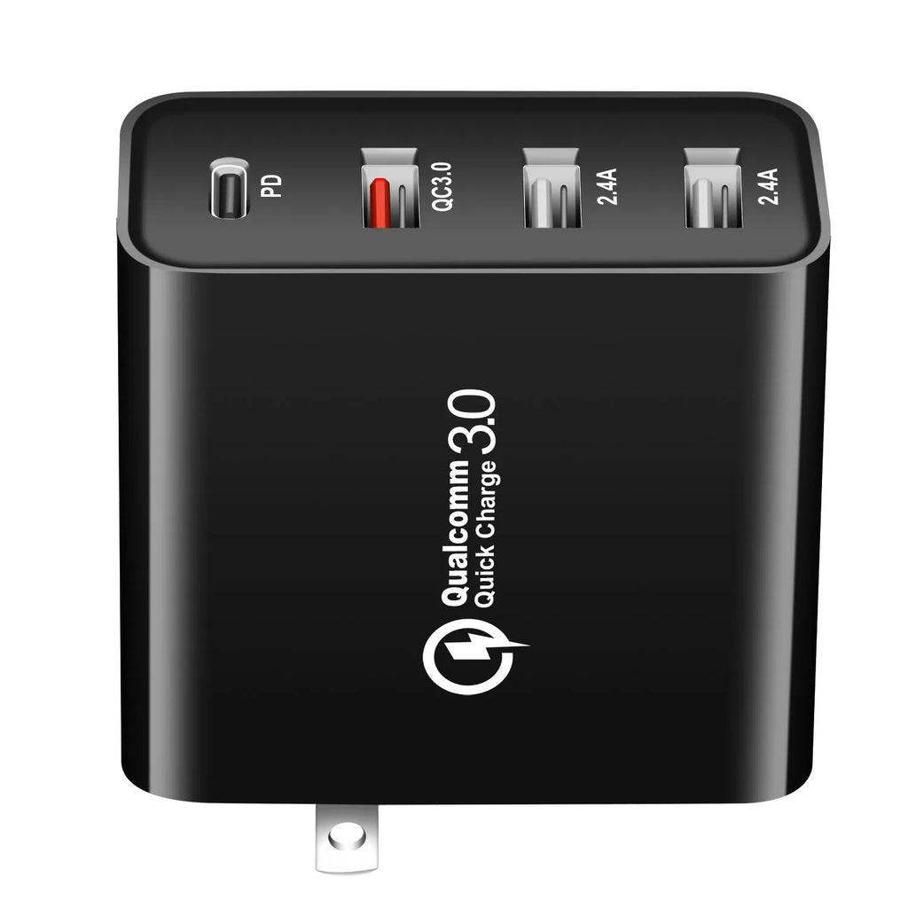 48W USB-C wall charger with four ports in black or white with international plug options