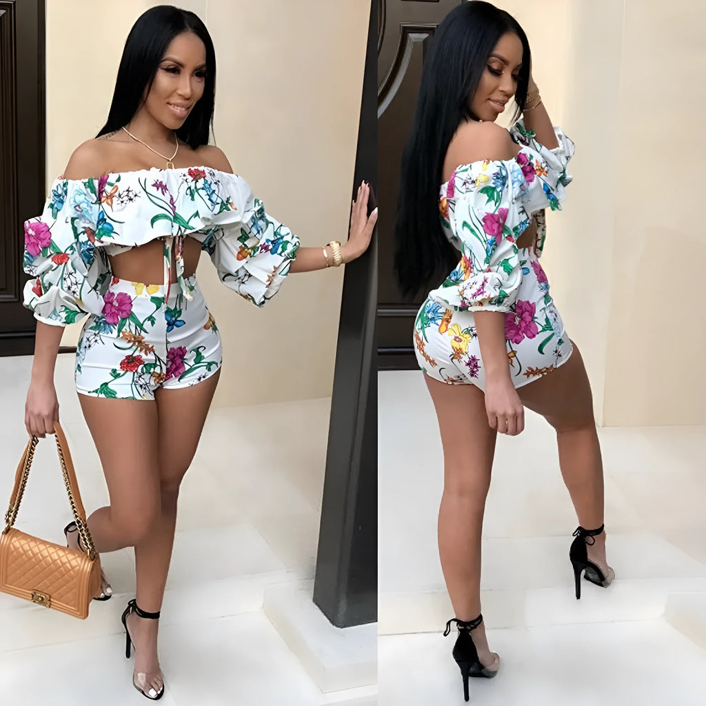 Multicolour digital print two-piece costume with fluffy sleeves and matching shorts.