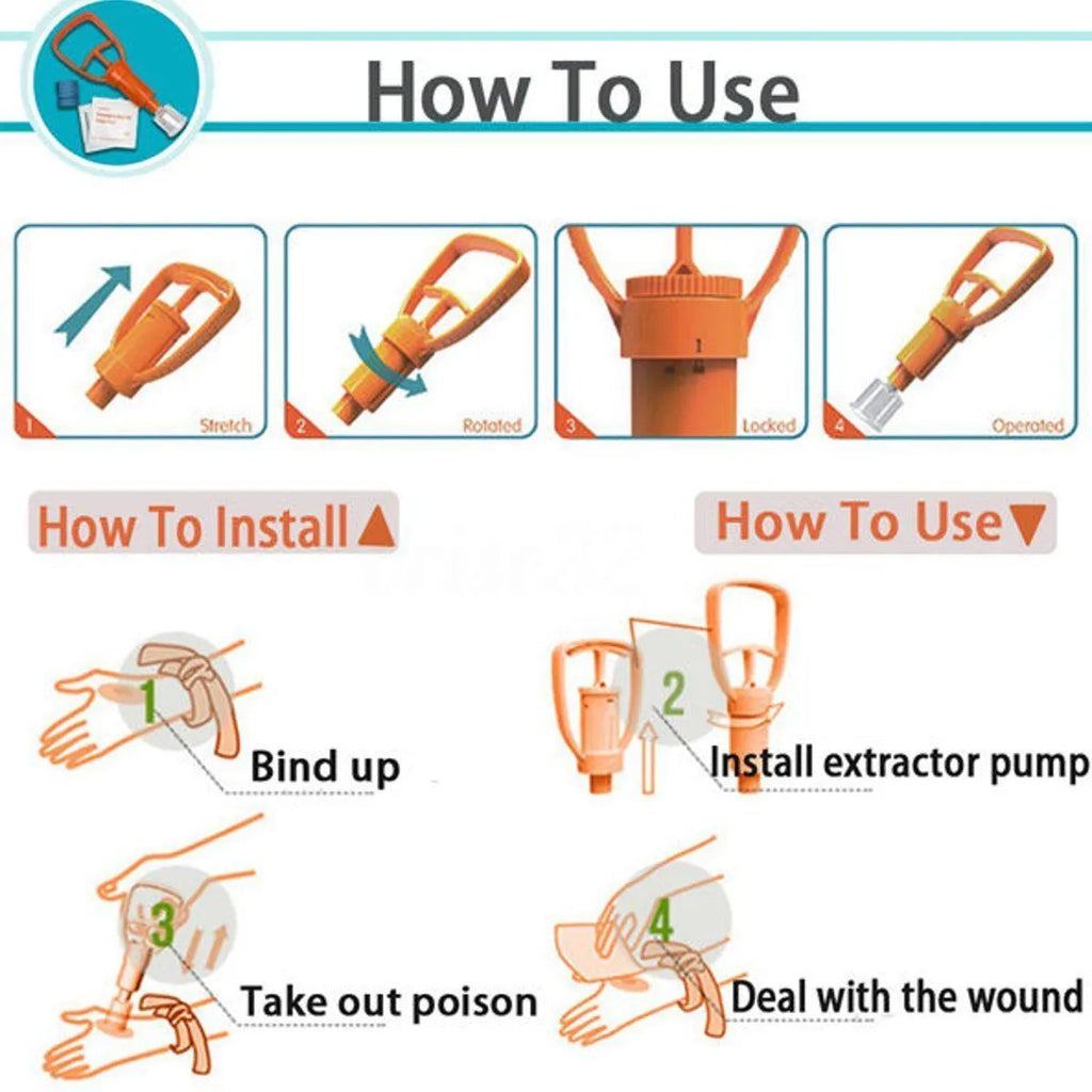 Orange ABS venom suction device with two suction cup sizes, vacuum pump, tourniquet and antiseptic swabs for field first aid