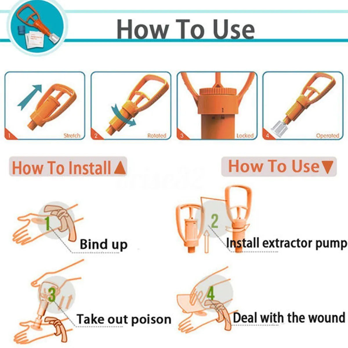 Orange ABS venom suction device with two suction cup sizes, vacuum pump, tourniquet and antiseptic swabs for field first aid