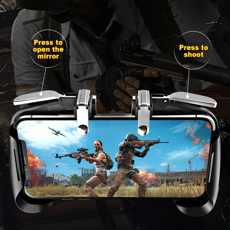 Black telescopic mobile game handle clipped onto a smartphone, showing left and right grip.