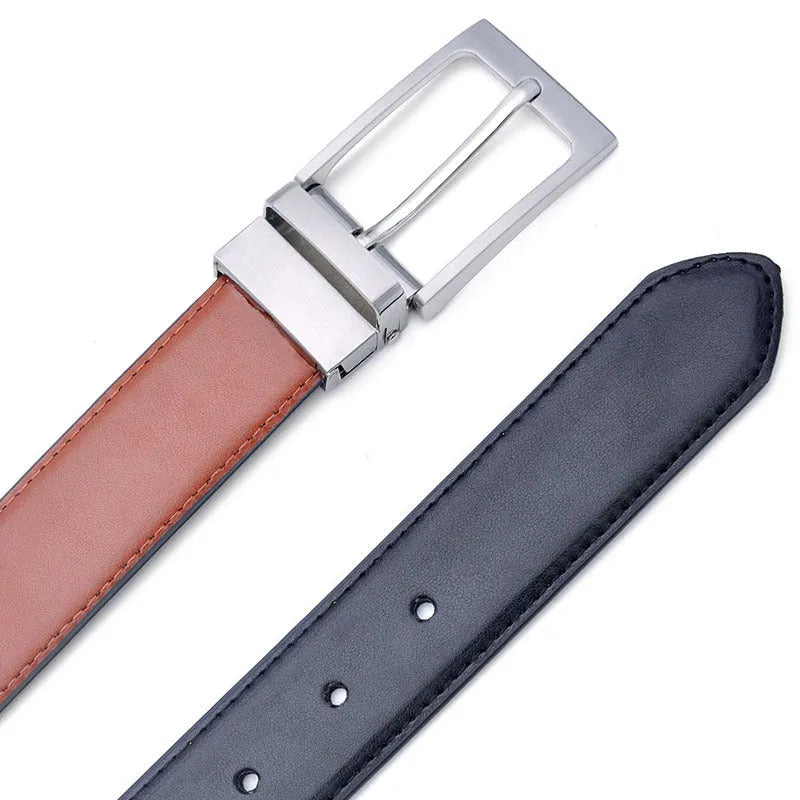 Men's brown and black genuine cowhide leather belt with rotating alloy pin buckle showing length measurement