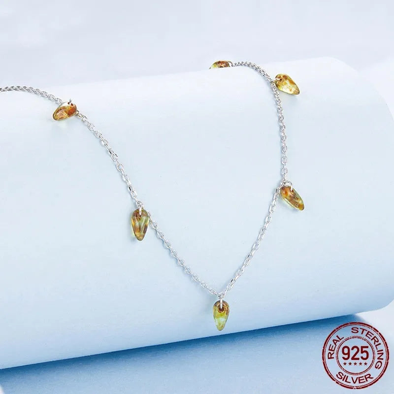 Retro style S925 sterling silver necklace with amber tassel pendant and O-shaped chain, colour BSN432