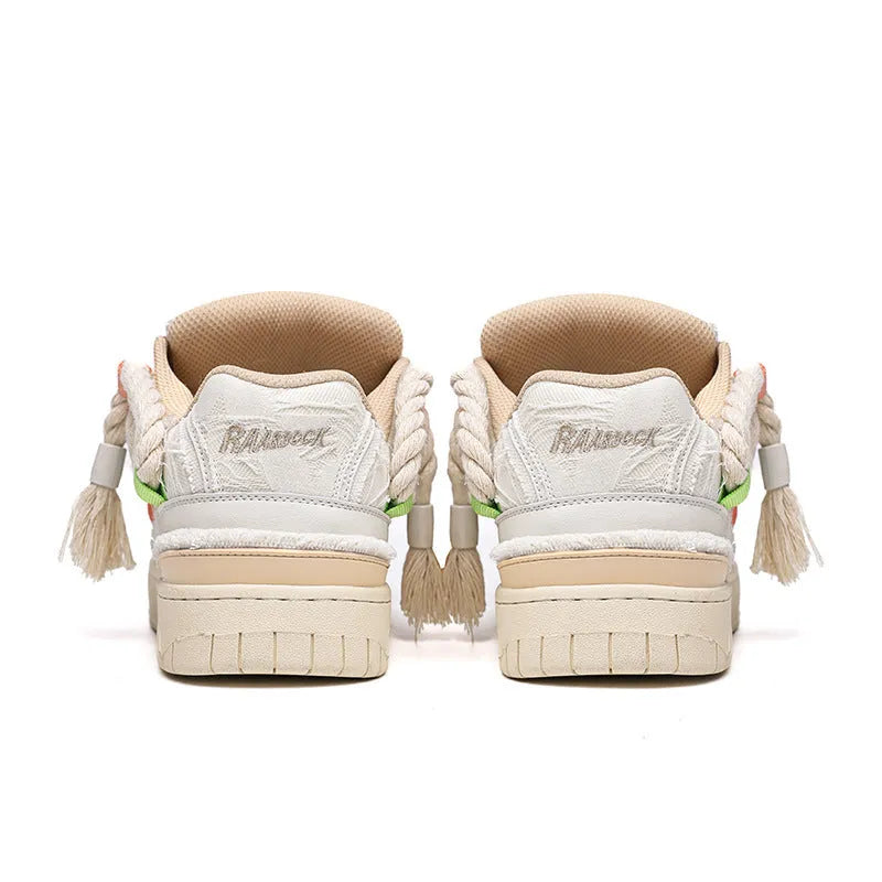 Milky white retro skateboard shoes with low-top lace-up design and platform sole