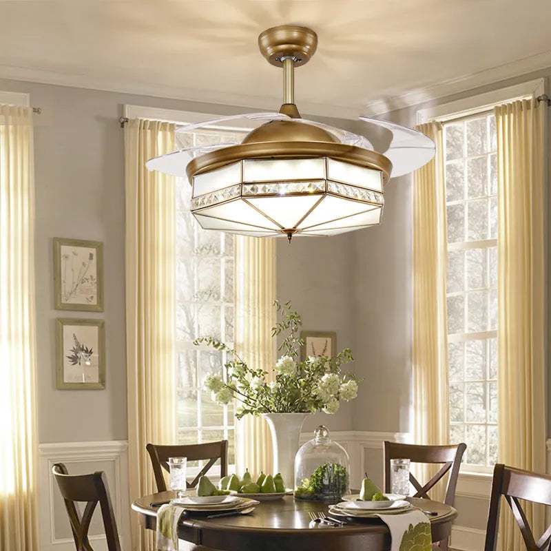 Gold 42 inch ceiling fan light with invisible blades and remote control on a white background
