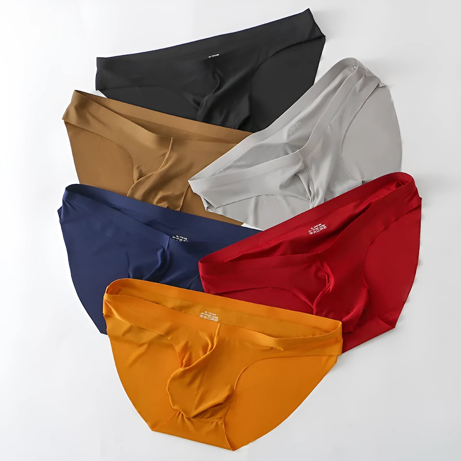 Men's black ice silk seamless briefs with mid-waist and internal support pouch design.