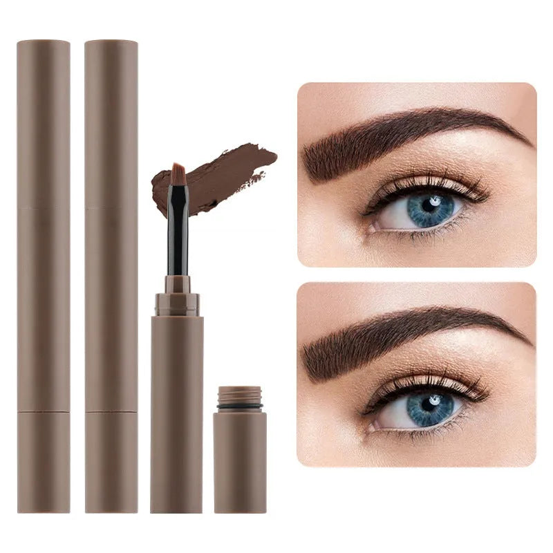 Double-headed eyebrow cream in a tube showing creamy brow product and blending tool, with five neutral shade options displayed.