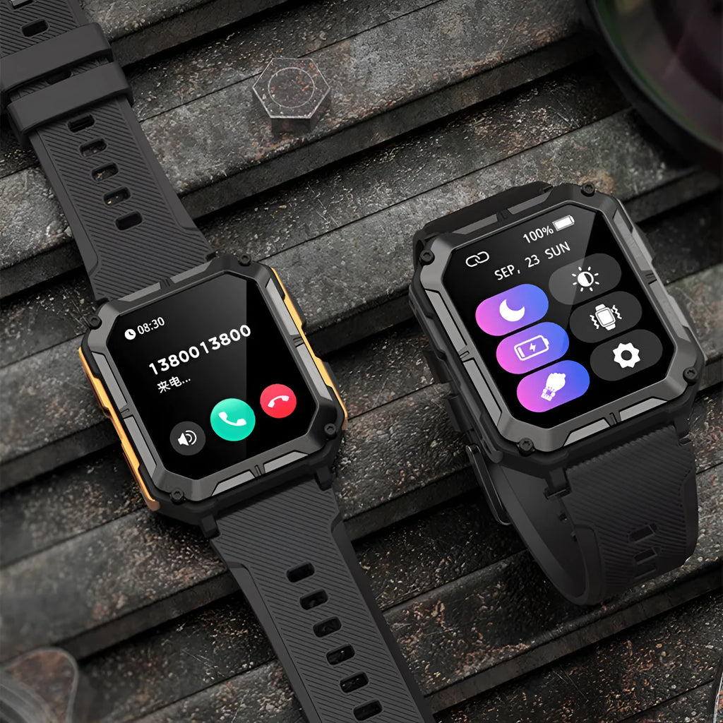 Square aluminium smart watch with Bluetooth calling and outdoor protection on silicone sports strap