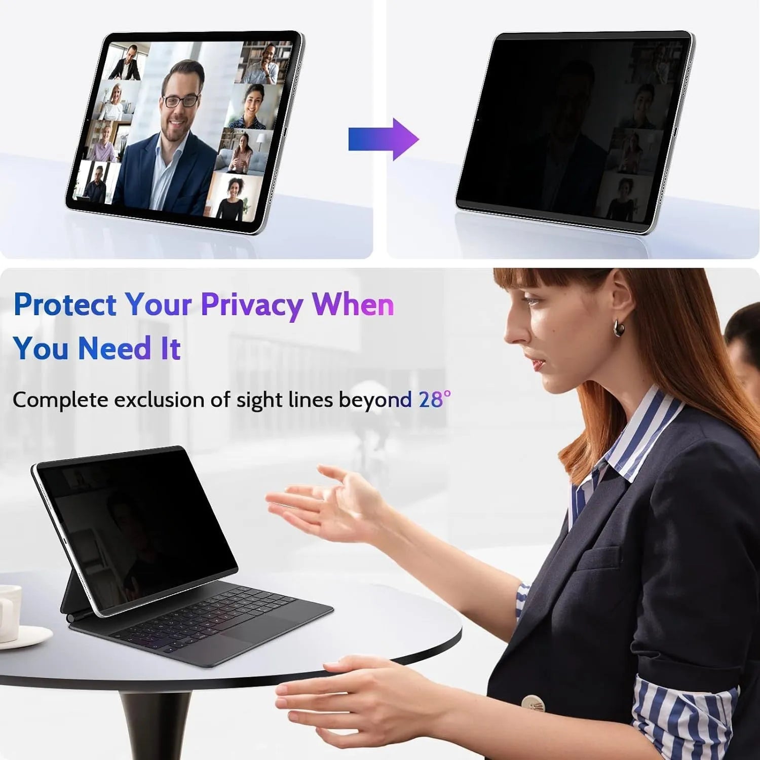 Magnetic iPad anti peeping film with matte finish shown next to iPad Pro