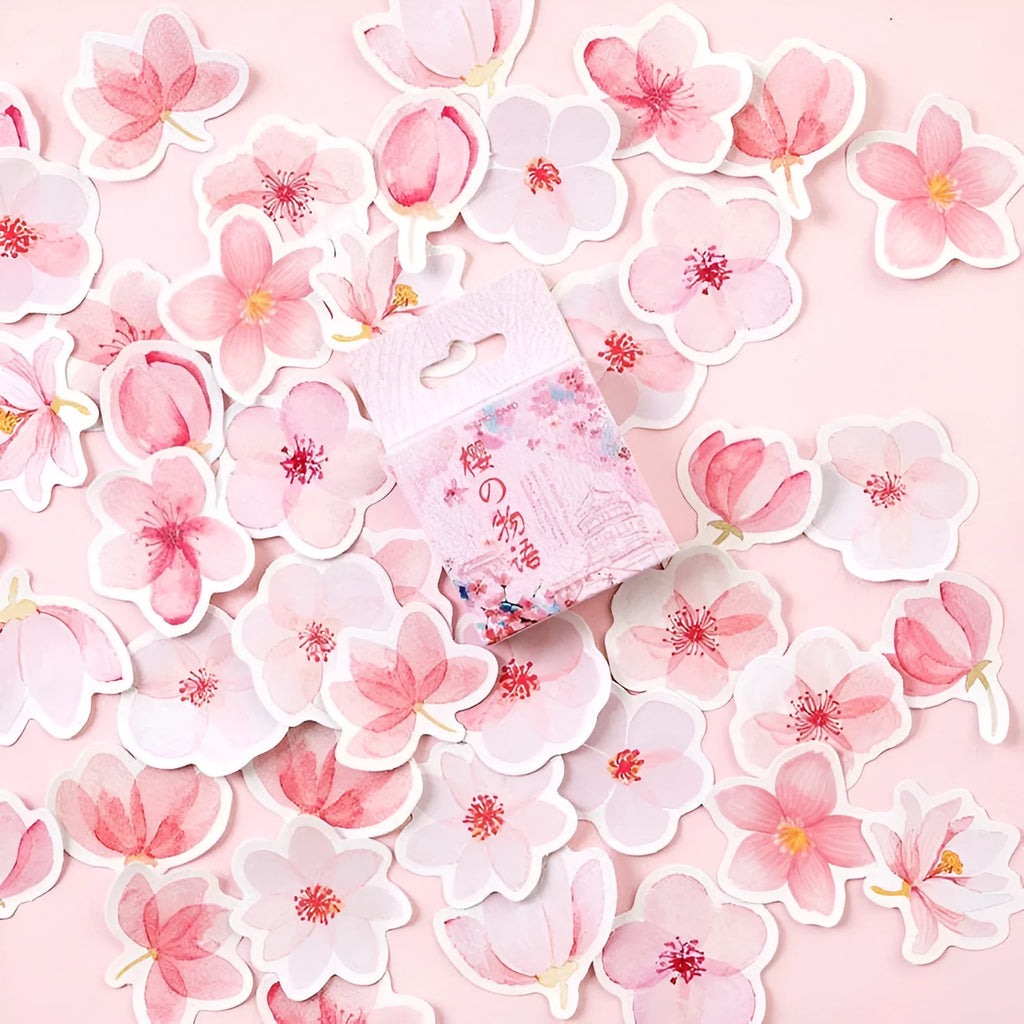 Sakura Story pink self-adhesive sticker block 45 sheets 44mm each romantic watercolour design