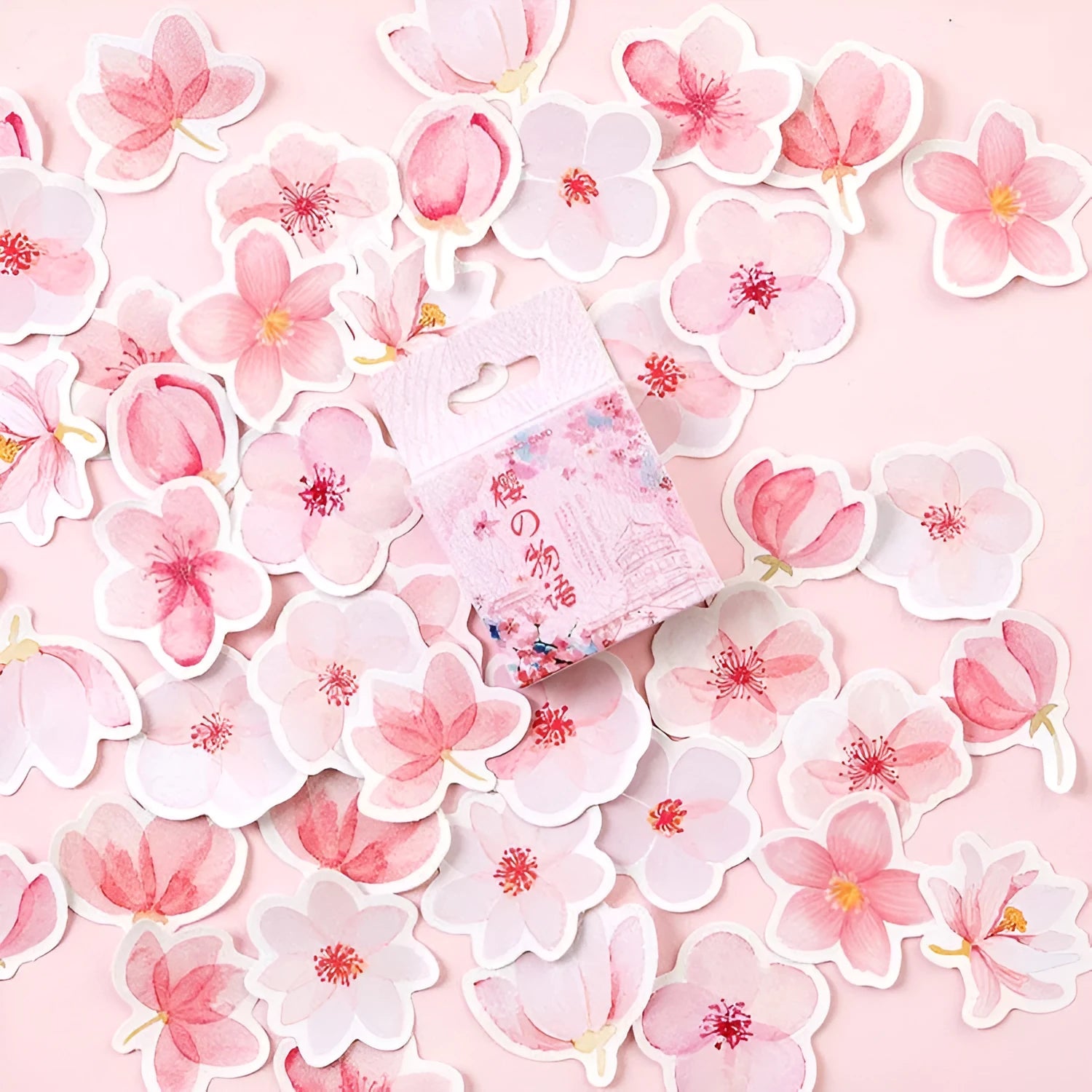 Sakura Story pink self-adhesive sticker block 45 sheets 44mm each romantic watercolour design