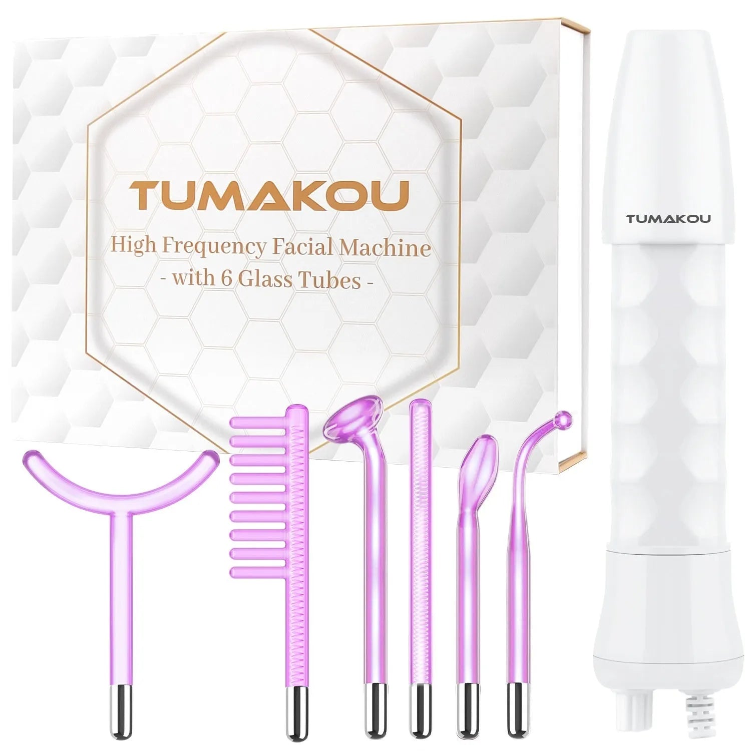 Purple Eutic six-piece high-frequency beauty instrument with six accessory heads for electrotherapy treatments.