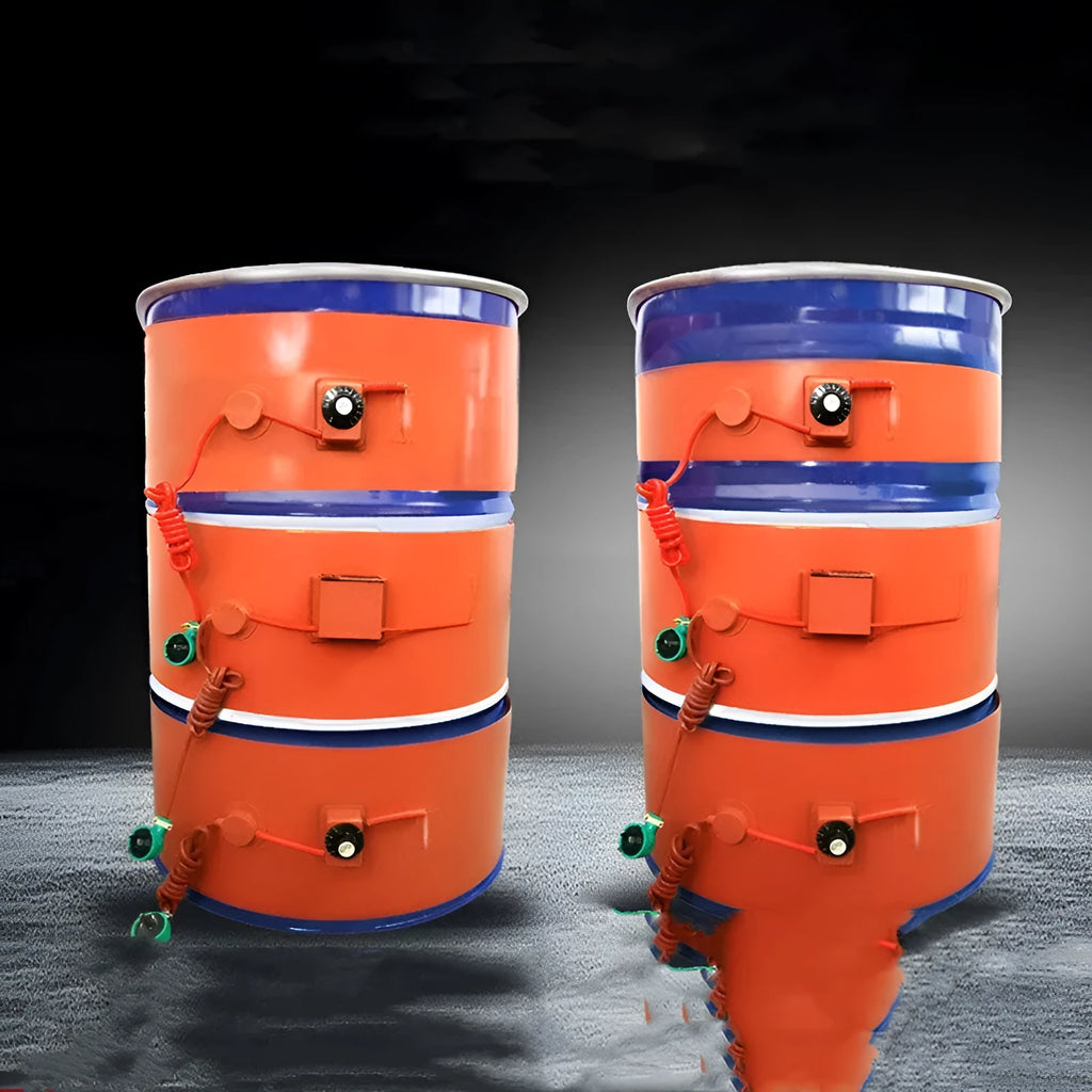 Silicone rubber heating belt wrapped around 200-litre oil drum with digital control display