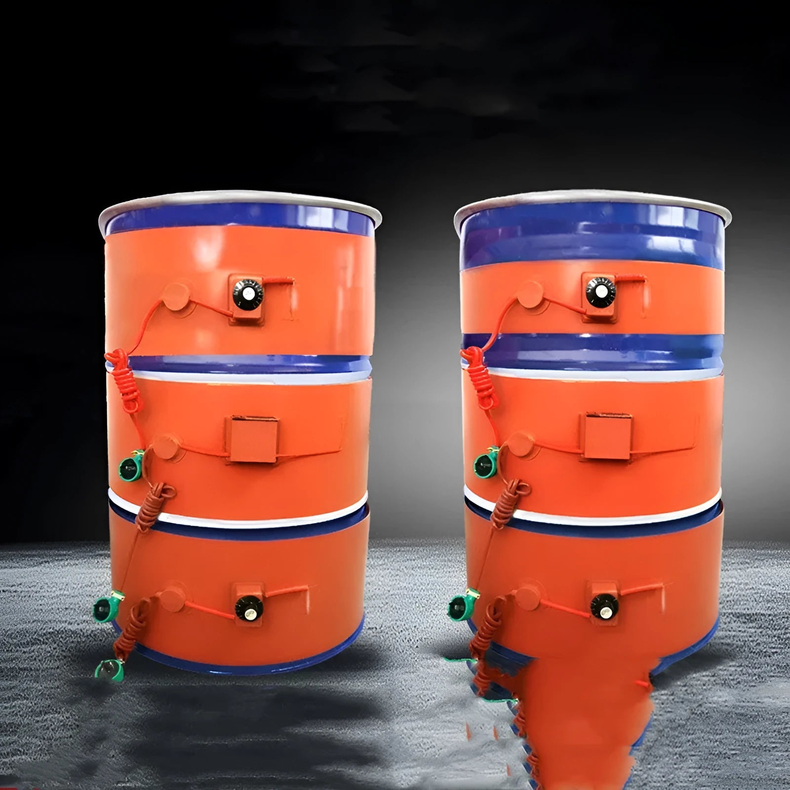 Silicone rubber heating belt wrapped around 200-litre oil drum with digital control display