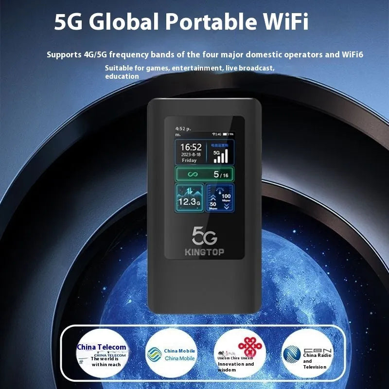 Black portable 5G WiFi router with LCD display showing connection status and USB Type-C port