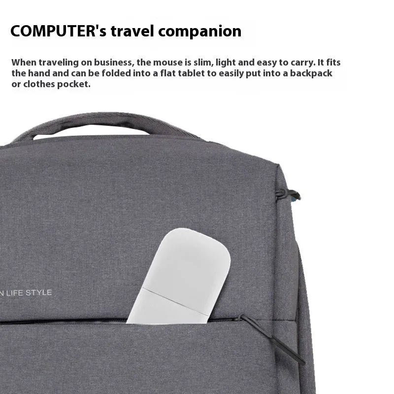 Folding Bluetooth 4.0 wireless mouse shown in compact travel position measuring 131.2x55x14.5mm