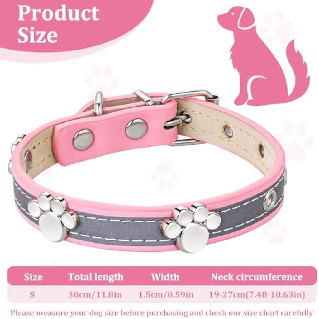 Reflective PU leather dog collar with metal buckle and decorative paw rivet, shown on a size chart.