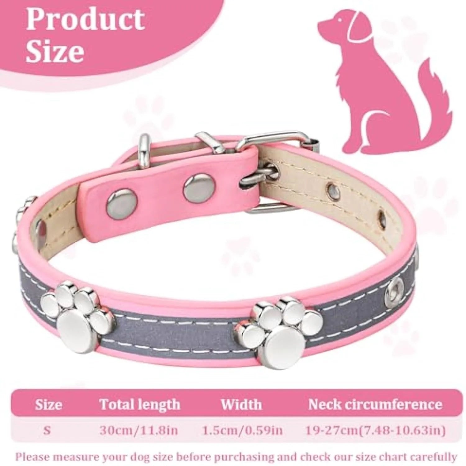 Reflective PU leather dog collar with metal buckle and decorative paw rivet, shown on a size chart.