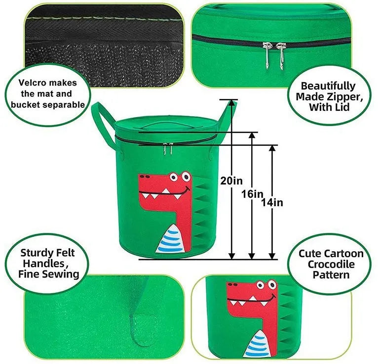 Green felt cube storage bag with pull rope closure, shown open flat as a play mat.