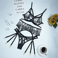 Women's black lace mesh three-piece set with floral print including top, pants and waist ring