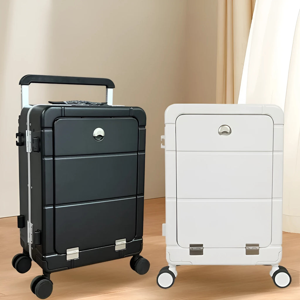 Front opening 20-inch suitcase showing wet-dry separation compartment and integrated organisers