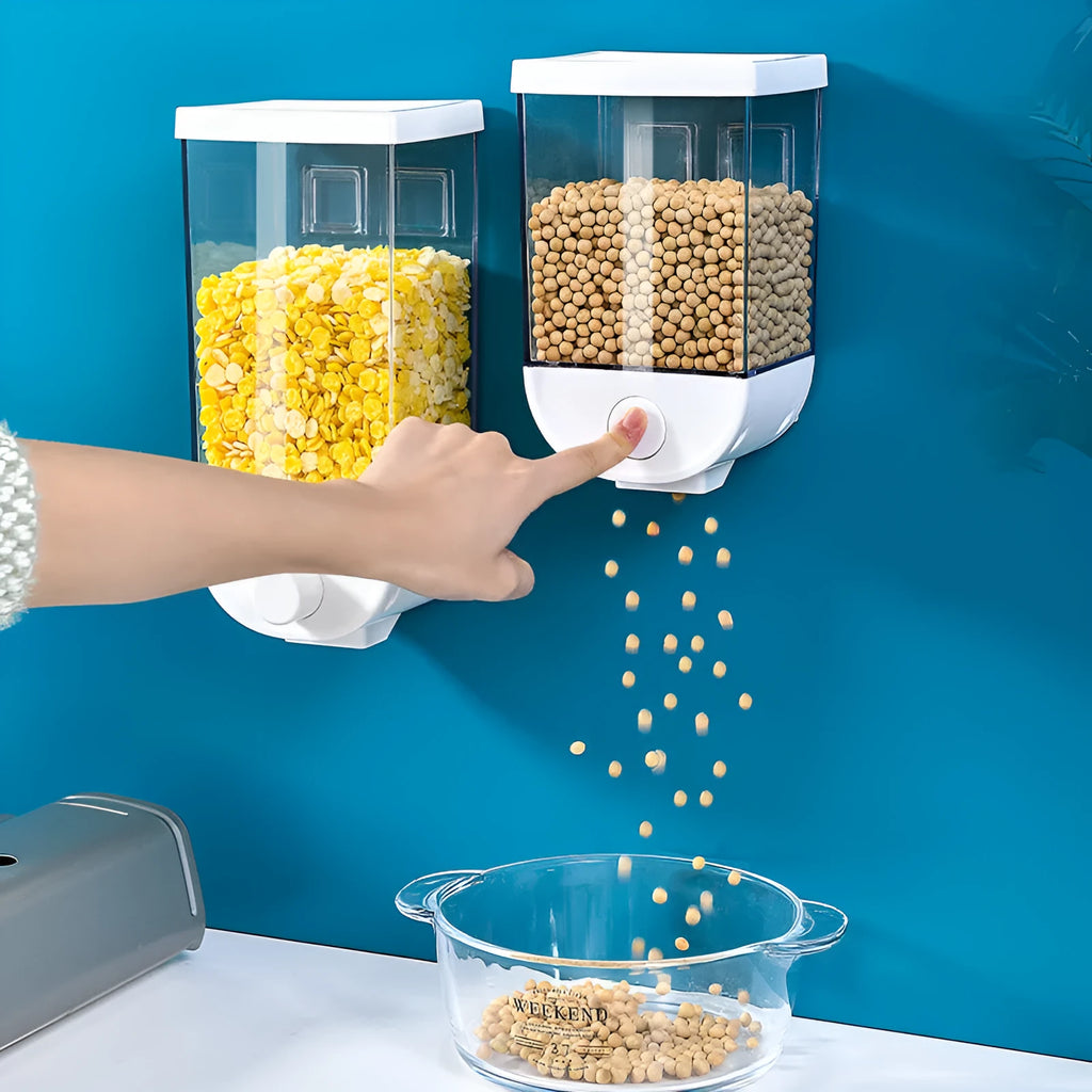 White wall-mounted transparent ABS easy press cereal dispenser with 1500ml capacity on a kitchen counter